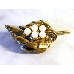 Vintage Gold Tone Leaf Pearl Brooch, Solid Made to Last